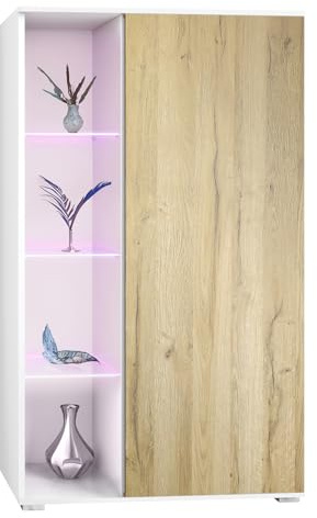 Vladon Vitrine Davos, Made in Germany, Standvitrine mit 3 Glasböden und 8 Fächer inkl. LED, Weiß matt/Eiche Natur (71,5 x 134 x 35 cm)