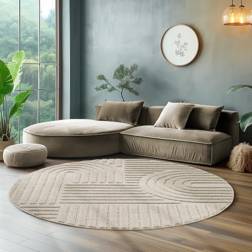 SIMPEX Teppich Rund 120 cm Beige, Hochflor Wohnzimmer Teppich, Weich & Flauschig, Skandinavisch Boho Stil, Langflor Shaggy, Pflegeleicht, Jute Rückseite