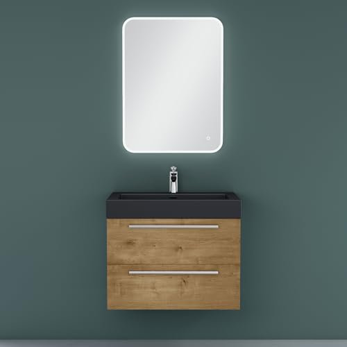 Mai & Mai Badmöbel-Set Waschbeckenunterschrank 73 cm, Waschtisch mit Unterschrank in Kerneiche, inkl. Waschschbecken aus Mineralguss und LED-Badspiegel Quadratto