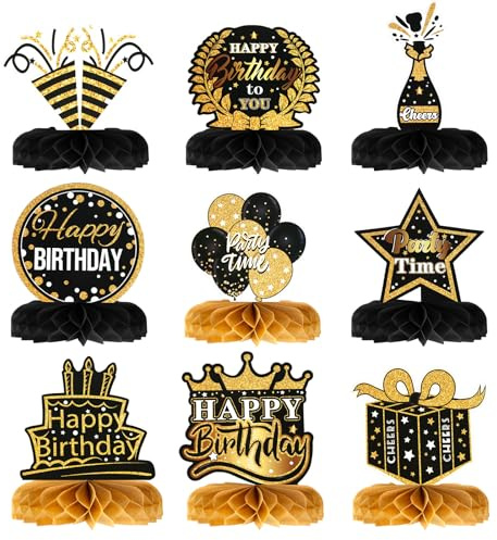 NQEUEPN 9stk Tischdeko-Set zum Geburtstag, Tischdekoration Happy Birthday in Schwarz und Gold Tischdeko in Wabenform für Geburtstagspartys