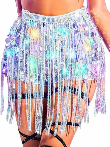 Evlry Jupes à Franges à Paillettes LED, Shorts Lumineux, Butin de Danse, Tenues de fête Rave, Bas de Festival pour Femmes et Filles