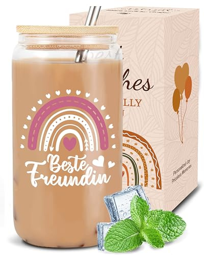 VivaJoy Beste Freundin Geschenke – Geschenk Beste Freundin Geburtstag, Glas mit Strohhalm, Holzdeckel und Spruch, Jahrestag Dankeschön Geburtstag Geschenke für Frauen,Freundschafts Geschenk