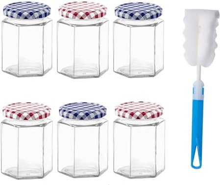 Glass Jam Jars 6 Pack Hexagonal Storage Glass Jars with Screw Top Red and Blue Gingham Lids 280ml / 9oz Clear Airtight Preserving Glass Jars with Brush, for Marmalade Honey Spices Pickle Chutney