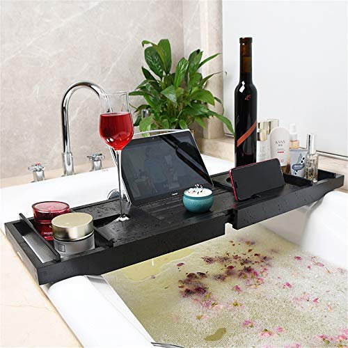 Bamboo Bath Caddy Tray with Wine Glass Holder and Device Slot for Tablet Kindle iPad Smartphone Black Fits Most Bath Sizes Extendable