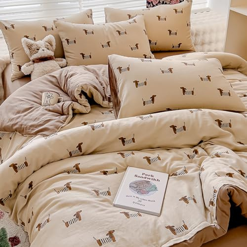 Sedefen Bettwäsche 155x220cm Dackel Beige Braun Wendebettwäsche Set 2 Teilig Wursthund Dackel-Motiv Bettwaren-Sets Microfaser ÖKO-TEX Bettbezug mit Reißverschluss und 1 Kissenbezug 80x80cm