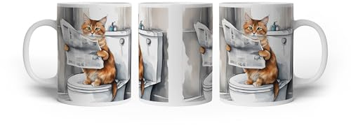 deyoli Tasse à motif chat lisant le journal – Heure silencieuse sur les toilettes avec style et vue 300 ml, en céramique blanche/tasse à café/idée cadeau