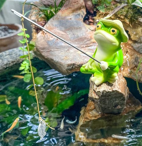 Yarteim Miniteich Deko Angeln Figur,Gartendeko für Draußen Wetterfest,Frosch Teich Deko Garten,Teichdeko für Draußen Angler Frosch Figuren,Frösche Gartenfiguren Harz Statue für Blumentopf Hof
