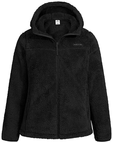Pioneer Camp Teddyfleece Jacke Damen Warm Flauschfleecejacke mit Reißverschluss Thermopullover Langarm Outdoorjacke für Herbst Winter Wandern Freizeit（Black;XXL