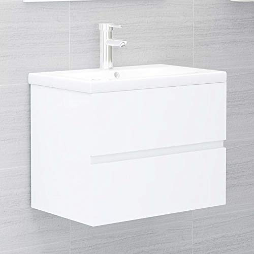 Gecheer Mobile da Bagno,Sospeso,Pensile,a Muro,Moderno,con Rubinetto e Scarico,con Lavabo Lavandino Integrato,in Legno Multistrato,Bianco 60x38,5x45 cm