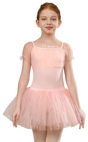 Tutú Vestido Ballet Niña Tutú de Ballet para Bailarina con Mangas Cortas, 7038-rosa, 4-5T