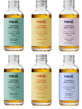 Neat Foaming Hand Wash Refills 6 x 30ml, 4 Scents, Plastic-Free | Four loved scents in one pack: each 30ml concentrate makes 300ml of aloe vera hand wash, so 6 refills make 1800ml.