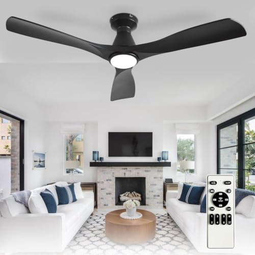 Depuley Ventilateurs de plafond 52 pouces avec lumières : Ventilateur de plafond Noir encastré à profil bas - Ventilateur à moteur DC silencieux et dimmable avec télécommande Timer