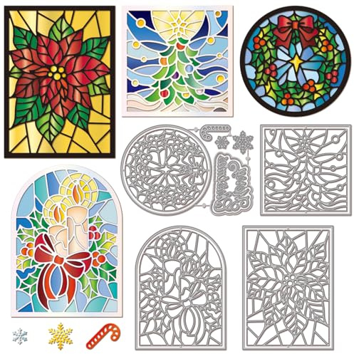 GLOBLELAND Bunte Stanzformen Aus Glas Mit Weihnachtssternrahmen Für Die Kartengestaltung Weihnachtsbaumkranz Metallstanzungen Kerzen Blumenschnitte Schablonen Für DIY Prägungen Papierschnitte