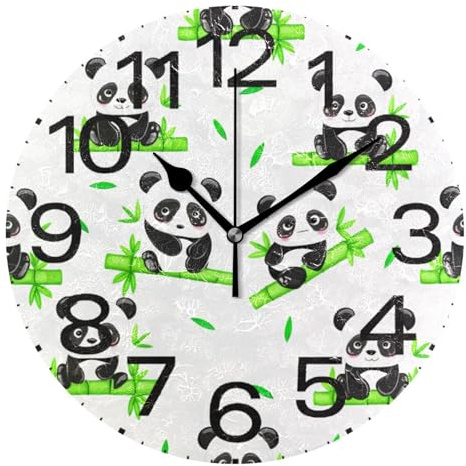 Kutsu Scale Cute Pandas Wall Clock Silent Non Ticking, Battery Operated Round Clock 10 Inch for Home Bedroom Living Room Kitchen Office School Classroom, Black
