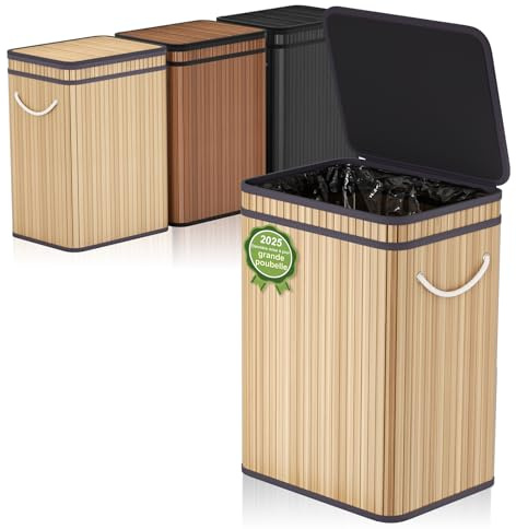 Mihoho Grande poubelle de 80 litres avec couvercle, corbeille/panier à déchets en bambou, poubelle d'extérieur pour la maison, le bureau, la salle de bain, la cuisine 40X30X60 CM (Kaki)