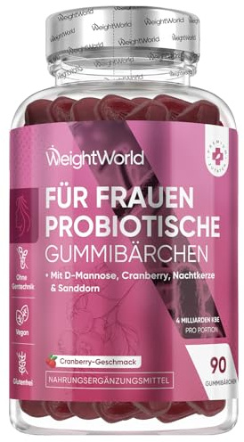 Probiotique Gummies pour Femmes - 90 Gummies, 4 Milliards d'UFC pour 45 Jours, Probiotique Flore Intestinale avec Lactobacillus Rhamnosus et Plantes - D-Mannose, Canneberge, Onagre & Argousier
