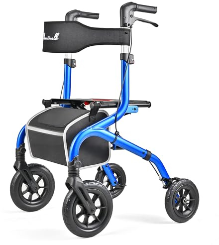 PLANET WALK Foldable Rollator Walker: 10 & 8 All-Terrain Wheels, 300lb Capacity, Treaded Rubber Tires, Breathable Seat & Backrest, Lightweight Mobility Aid for Seniors, Blue