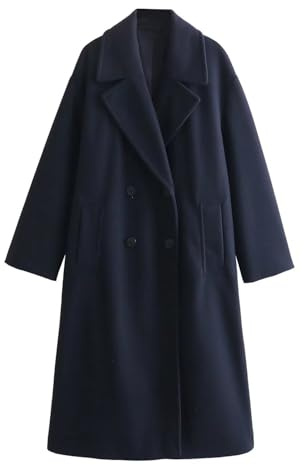 FM2018XSL Women's Double Breasted Coat Notched Lapel Collar Winter Pea Coats Overcoat Long Jackets
