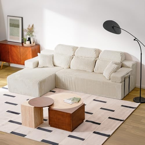 Canapé d'angle 269cm avec dossier haut, canapé d'angle modulable en forme de L convertible avec méridienne à gauche ou à droite, velours côtelé nuage, canapés sans ossature confortables pour le s