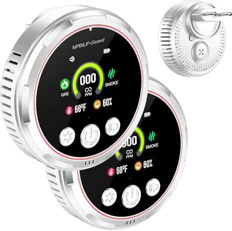 Détecteur 5IN1 Fumée Monoxyde Carbone Gaz Naturel HD13 (2, White) | Batterie de secours, Capteur de température et d'humidité, Gaz combustible, Pour maison hôtel RV