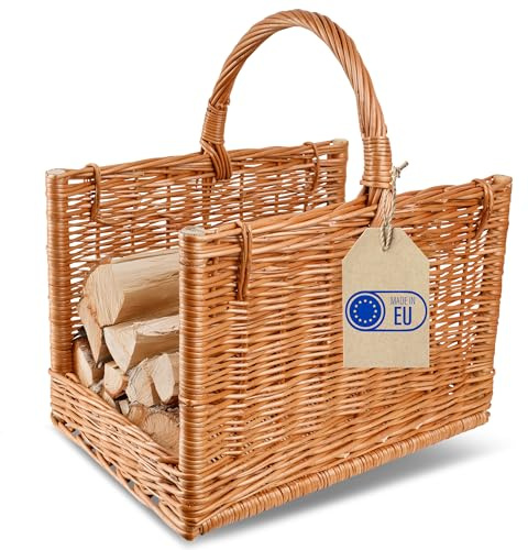 Creative Home Panier de Rangement Panier en Osier avec Poignée | Rectangulaire 45 x 30 x 47 cm | Brun Naturel | Tissé à la Main | Panier Bois Panier Cadeau de Cheminée | Polyvalent et Durable