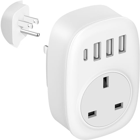 UK to US Plug Adaptor - USA Travel Adapter with USBC for American Canada Mexico Thailand Colombia, UK to USA Plug Adapter with 3 USB Ports 4 in 1 Type C Fast Charger for Phone Android (Type B) Jmfufnv