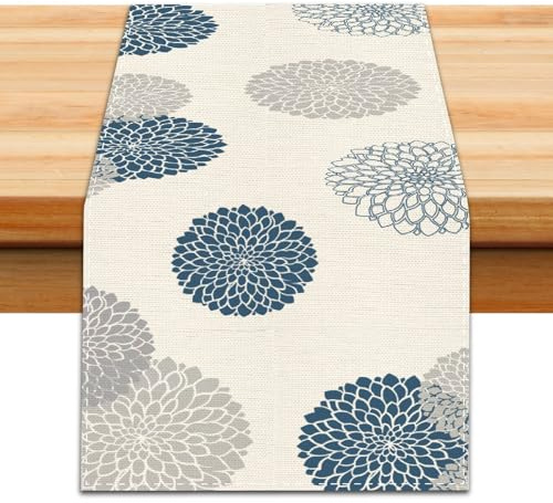PRESSINART Mantel de Mesa de Flores Dahlia Azul Gris Camino de Mesa de Flores Pinnata Beige Bufanda Geométrica de Poliéster para Decoración de Sala de Estar Cocina de Estilo Granja 13 x 72 Pulgadas