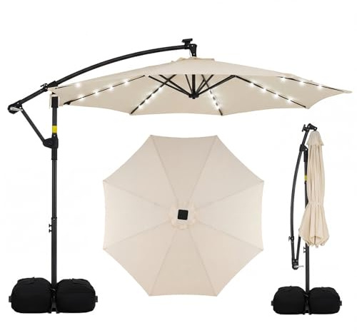 COSTWAY 2.9M/3M Garden Cantilever Parasol, Outdoor Offset Banana Hanging Umbrella with LED Lights, Crank Handle and 360° Rotation, Water-proof Sun Shade Canopy (3M, Beige, with 32 Lights)
