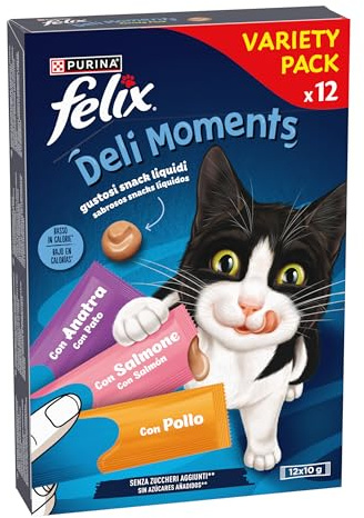 Felix Deli Moments Snack Liquidi per Gatti Adulti con Pollo, Salmone e Anatra, pack varietà da 12 Confezioni da 10g