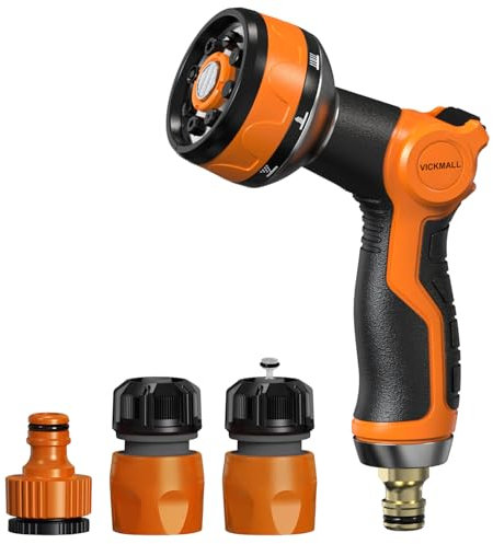 VICKMALL Hose Spray Gun with Hose Connector 8 Adjustable Patterns Hose Gun High Pressure Hose Nozzle with Flow Control Garden Hose Spray Gun for Watering Plants and Lawns Washing Cars and Pets, 50Ft