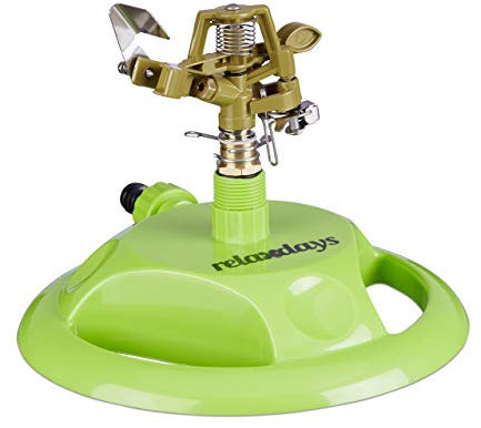 Relaxdays 10023174 Irrigatore ad Impulsi da Giardino Circolare, Irrigazione di Grandi Superfici fino a 450 m² Raggio di 12 m, 360°, in PP, Moderno, Verde