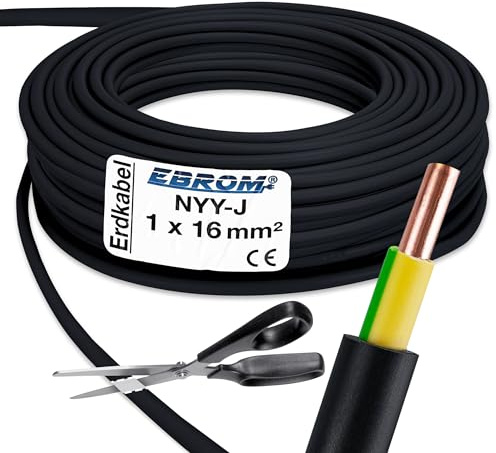 EBROM Erdkabel Erdungskabel NYY-J 1x16 mm² Blitzschutz, schwarz, 40 Meter | 10 m bis 150 m - 1x16 mm2 - Außenmantel: schwarz - Innenummantelung: grün / gelb - Starkstromkabel - PVC Erdleitung