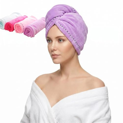 Mikrofaser-Haarhandtuch für Damen, 4 Stück, Turban-Twist-Kopf-Handtuch mit Knopf, schnell trocknend, super saugfähig für langes und lockiges Haar, Anti-Frizz – (Blau & Rosa & Lila & Rot)