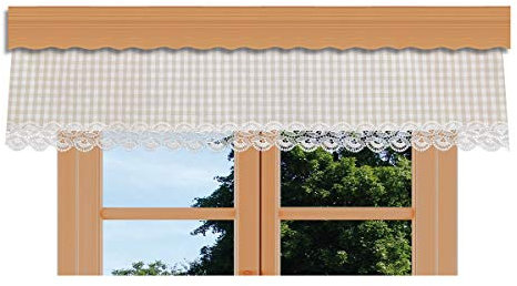 kollektion MT Querbehang Hannah mit Vogtländischer Spitze – hochwertige Landhaus-Gardine beige-weiß kariert | rustikaler Baumwollstoff Blickdicht | Volant mit Reihband Höhe x Breite 30 x 300 cm