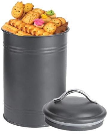 Black Metal Biscuit Cookie Storage Tin Box Canister, Coffee Tea Sugar Canister Home Storage Container Treats Jar with Fresh Seal Lid for Coffee Bean Tea Cereal Sugar Cookie