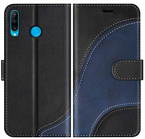 BoxTii Hülle für Huawei P30 Lite/Nova 4E, Leder Handyhülle für Huawei P30 Lite/Nova 4E, Ledertasche Klapphülle Schutzhülle mit Kartenfächer und Magnetverschluss, Schwarz