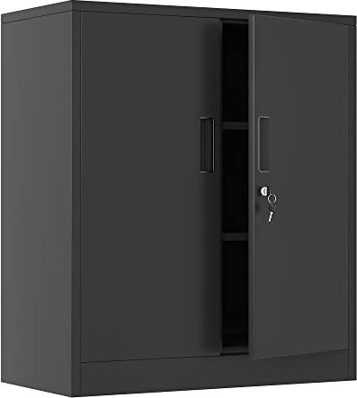 iJINGUR Metal Storage Cabinet with Locking Doors and 2 Adjustable Shelves, Small Lockable Storage Cupboard for Home Office Garage (Black)