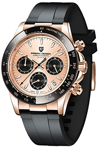 Pagani Design, Reloj de Lujo para Hombre, cronógrafo de Cuarzo Multifuncional, Japón VK63, Acero Inoxidable, Zafiro, 100M, Resistente al Agua, 2022 (Rosa)