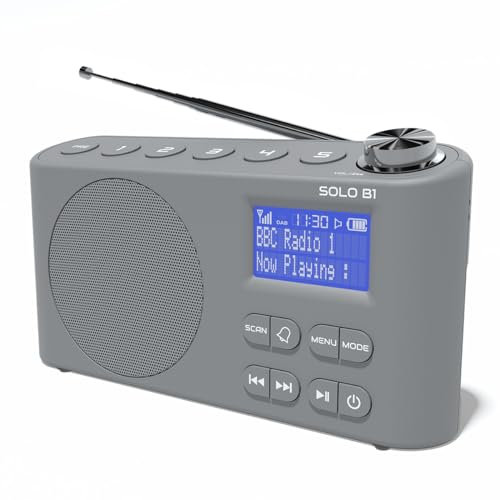 DAB/DAB+ & FM Portable Digital Radio | Bluetooth | Rechargeable Battery | Dual Alarms & Sleep Timer | Perfect for Home, Office or Outdoors | AZATOM Solo B1 (Grey)