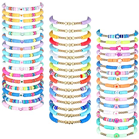 Jadive 48 Pcs Christmas Friendship Bracelets Bulk Colorful Adjustable Kids Bracelets Stretch Clay Preppy Surfer Beaded Christmas Girl Boys Party Favors Jewelry Gift Set, Various Styles(Basic)