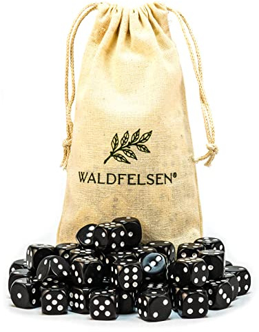 Waldfelsen® Högkvalitativa tärningar, 6, 12, 20, 30 eller 50 stycken, i standardstorlek: 16 mm, 6-sidiga akryltärningar, speltillbehör, i set med tygpåse (svart, 50 stycken)