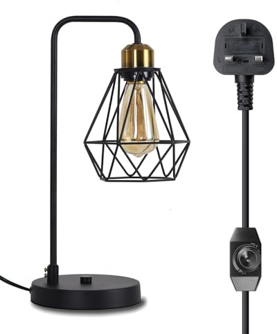 Industrial Table Lamp, Retro Desk Lamp With Dimmable Function, Farmhouse Nightstand lamp, Black Metal Cage Bedside lamp,Vintage Edison Reading Lamp for Office, Bedroom, Living Room, Study Room