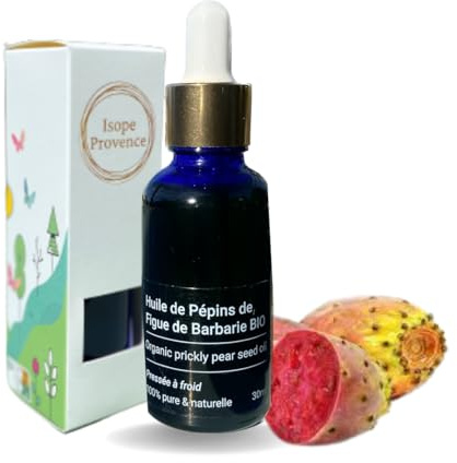 Isope Provence Huile de Pépins de Figue de Barbarie Bio 100% pure - Première pression à froid. - Riche en vitamine E & oméga-6. Soin naturel, visage, peau sèche, acné, rides, cheveux, ongles - 10 ml