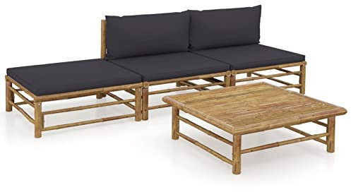 Homgoday 4-teiliges Gartensofa-Set mit dunkelgrauen Kissen aus Bambus, Sofas für den Außenbereich für den Garten, Sofa für Wohnzimmer, Garten, Terrassensofa, Gartenmöbel