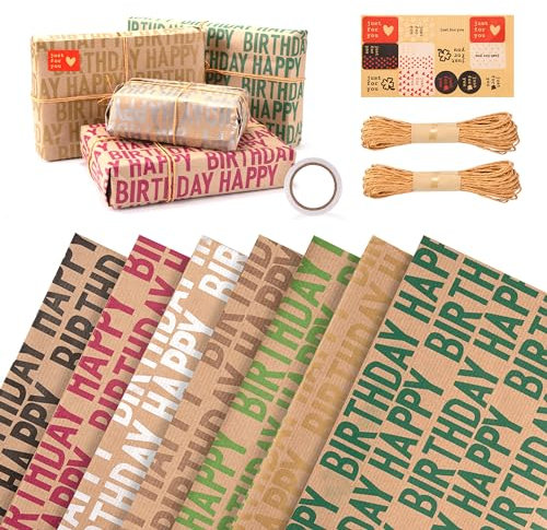 Newellsail Geschenkpapier Geburtstag Set 7 Blatt 70X50cm Kraft Geschenk Papier Set mit 2 Rolle Packseil und 1 Rolle Doppelseitigem Klebeband und 1 Blatt Aufkleber für Jeden Geburtstags Anlass