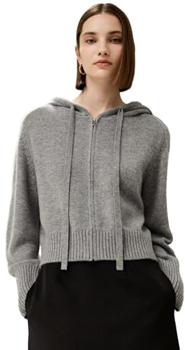 LilySilk Wool Cashmere Cardigan for Women Hoodie Short Zip-Up Sweater Casual Lightweight Warm Winter Knit Outerwear Grey Small