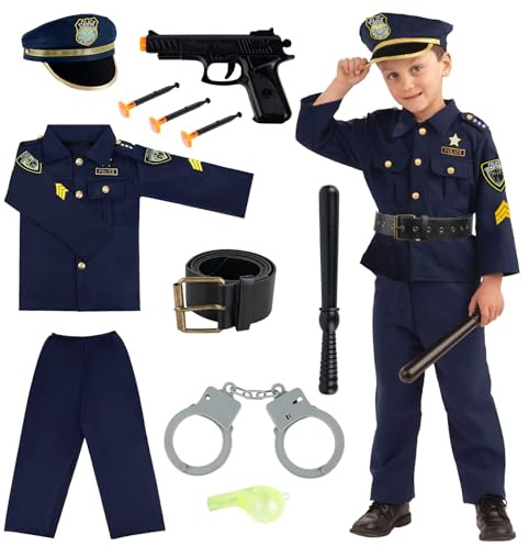 Aitsite Polizei Kostüm Kinder Jungen, Polizei Spielzeug für Karneval Kostüm Kinder Jungen Mädchen mit Handschellen Schlagstock Pistole Trillerpfeife（L）