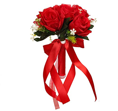 MINGZHE Simulierter Rosenstrauß, Künstlicher Hochzeitsstrauß, Hochzeitssträuße für die Braut, Brautjungfer, Künstliche Rosen, Blumen, Hochzeitsdekoration, Brautjungfernsträuße für die(Rot)