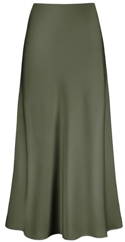 Outoshe Maxi gonne da Donna in Raso a Vita Alta con Elastico Nascosto in Vita Una Linea Gonna Lunga, Verde Militare, XX-Large