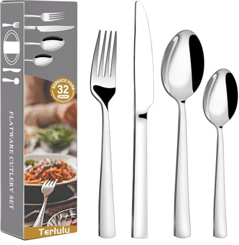 Terlulu Cutlery Set, 32 Piece Stainless Steel Flatware Set, Tableware Silverware Set with Spoon Knife and Fork Set, Mirror Polished, Dishwasher Safe - Service for 8